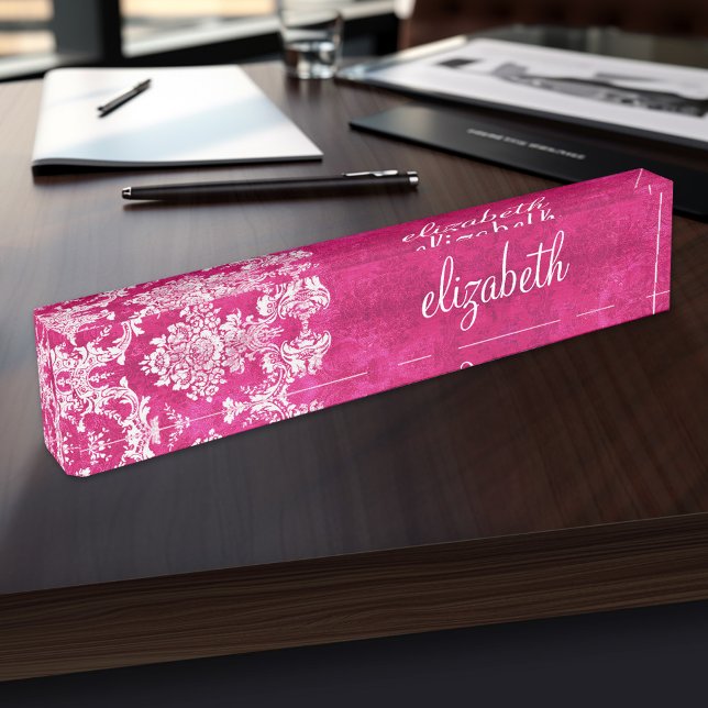 Porte-nom Motif de Damas de Grunge rose chaud Texte personna (Personalized Name Plate for the Office, School or Home)