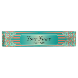 Porte-nom Motif de damassé en Teal et texte du corail  