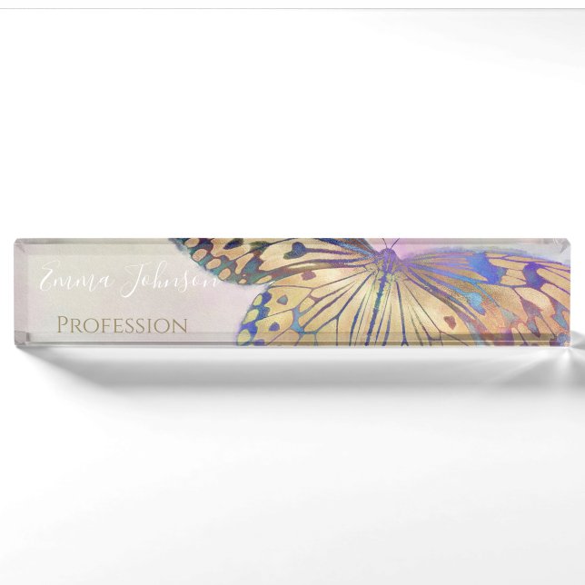 Porte-nom Motif de papillon bleu violet or (Devant)