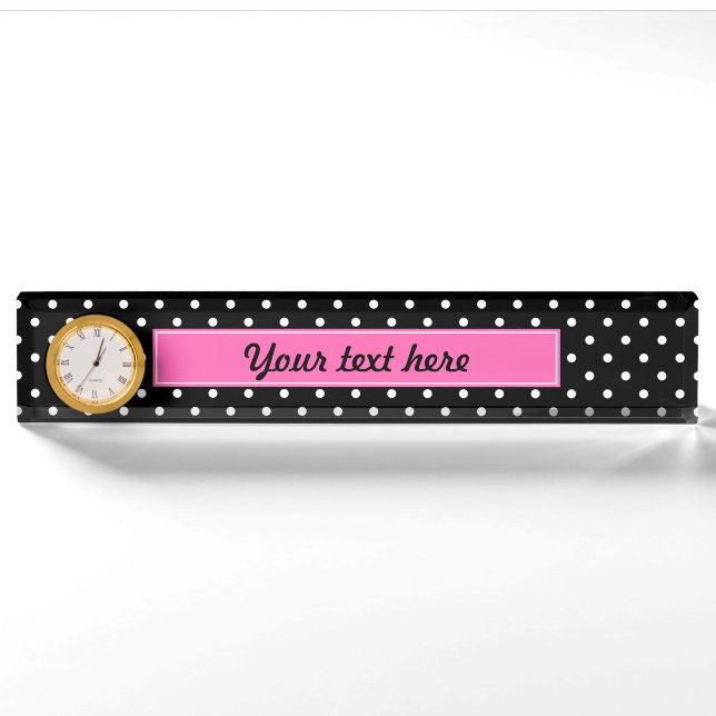 Porte-nom Motif de points Polka blanc et noir (Devant)