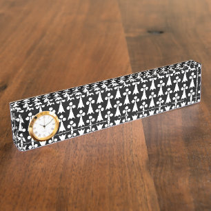 Porte-nom Motif Ermine, Motif médiéval, Blanc sur Noir