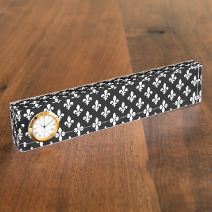 Porte-nom Motif Fleur de Lis, Royal Français, Blanc sur Noir