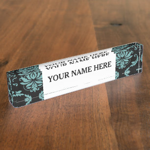 Porte-nom Motif vintage turquoise et noir de damassé