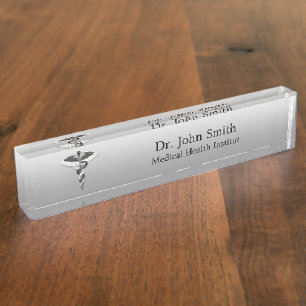 Porte-nom Noble Médicale Élégant Noir Blanc Caduceus