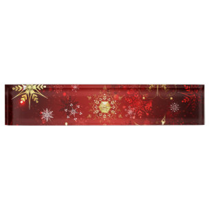 Porte-nom Noël Golden Snowflakes sur Arrière - plan rouge