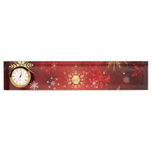 Porte-nom Noël Golden Snowflakes sur Arrière - plan rouge