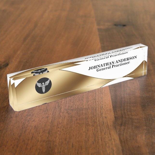 Porte-nom Noir argenté de Caduceus| nom du médecin (Taille)