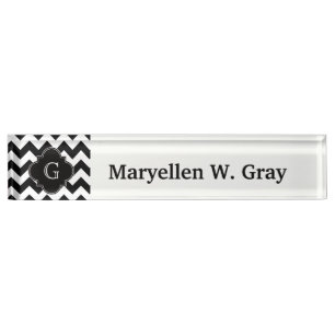 Porte-nom Noir blanc Chevron noir Quatrefoil Monogramme