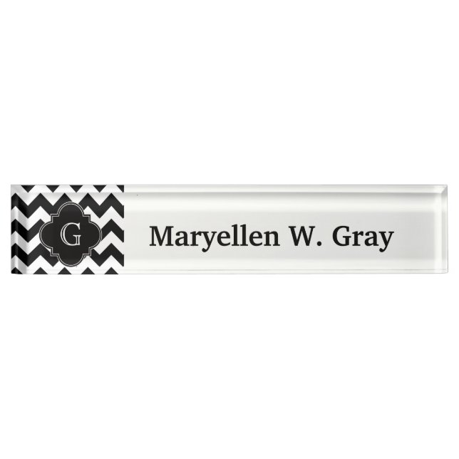 Porte-nom Noir blanc Chevron noir Quatrefoil Monogramme (Devant)