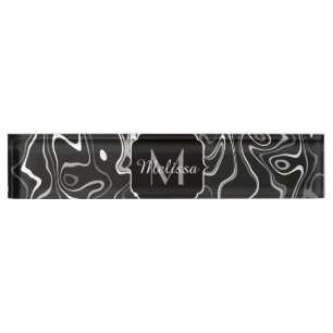 Porte-nom Noir blanc gris damas tourbillons abstraits Monogr