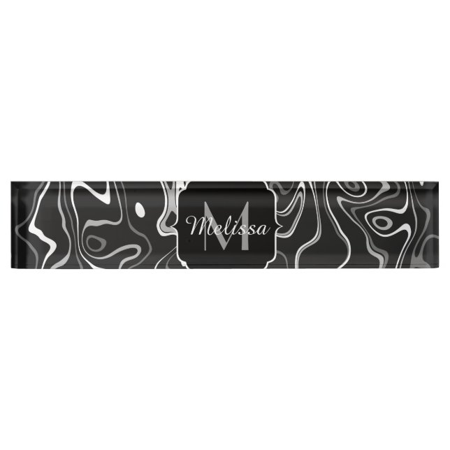 Porte-nom Noir blanc gris damas tourbillons abstraits Monogr (Devant)