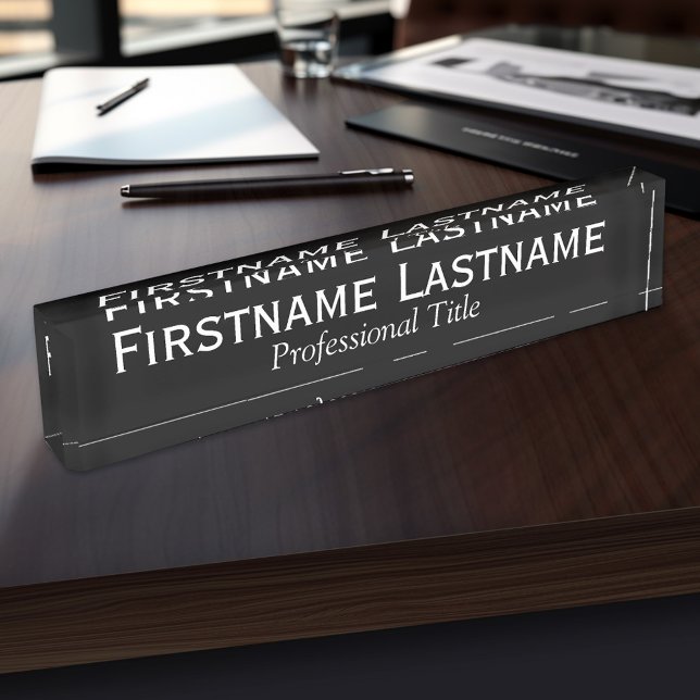 Porte-nom Noir de base avec nom blanc et titre professionnel (Personalized Name Plate for the Office, School or Home)