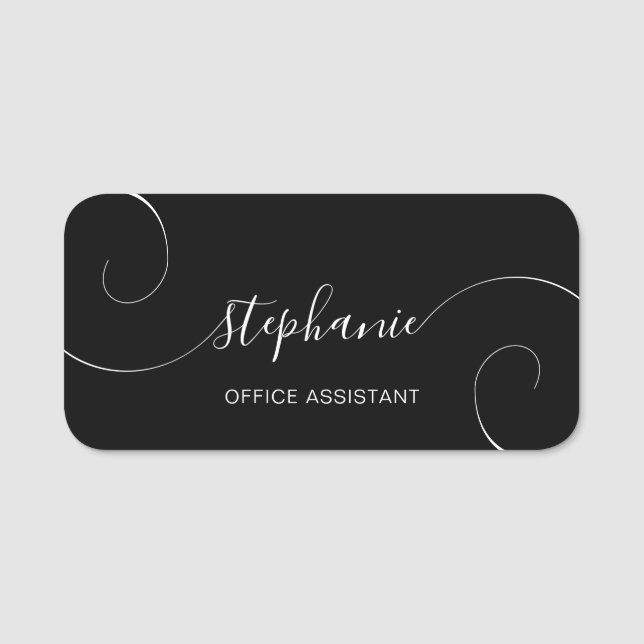 Porte-nom Noir et blanc Élégant Script Curly Titre du travai (Devant)