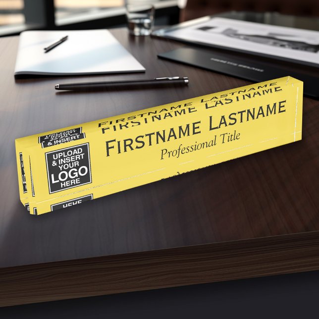 Porte-nom Noir jaune - Logo, nom et titre professionnel (Personalized Name Plate - Custom Logo Executive Desk Plate with Name and Professional Title)