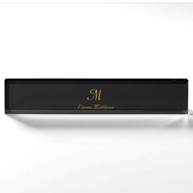 Porte-nom Nom de script Monogram Elegant Black & Gold (Devant)