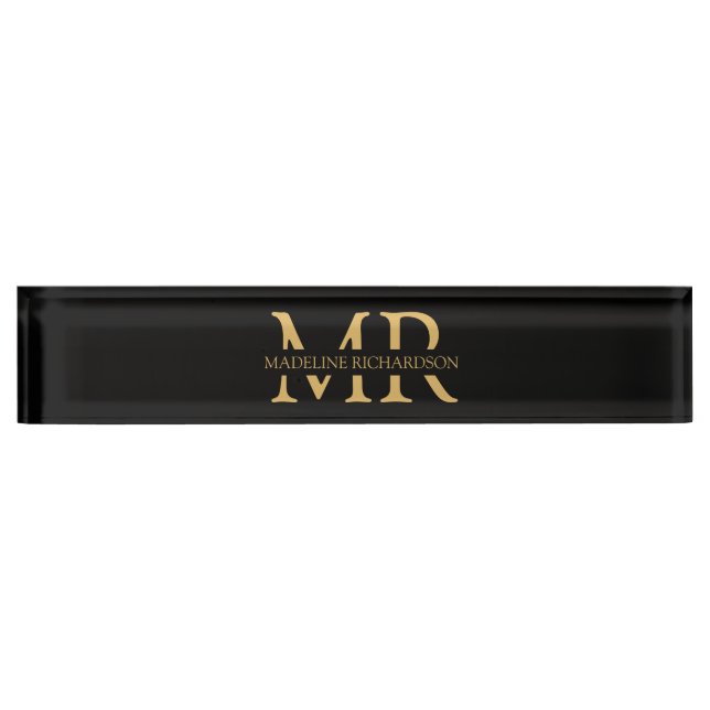 Porte-nom Nom du monogramme professionnel Black Gold Initial (Devant)
