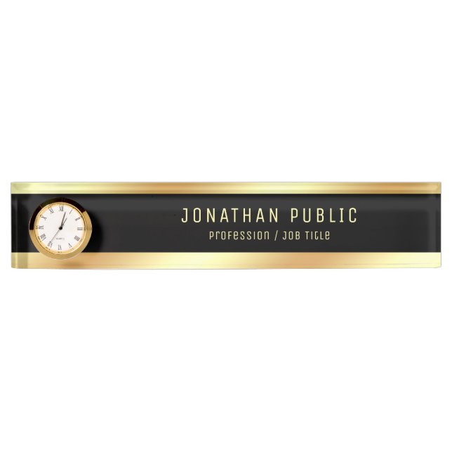Porte-nom Nom Gold élégant Modèle noir moderne avec horloge (Devant)