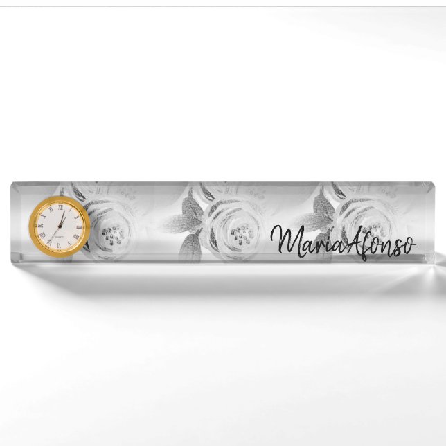 Porte-nom Nom Plate Argent Rose Floral (Devant)