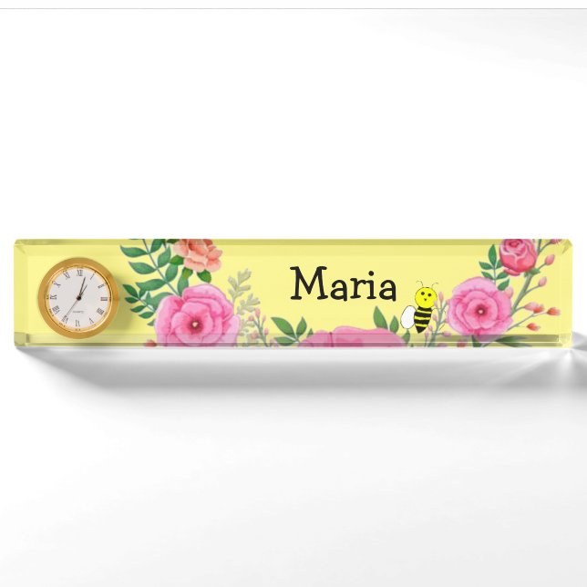 Porte-nom Nom Plate Bumblebee jaune Pink Floral (Devant)