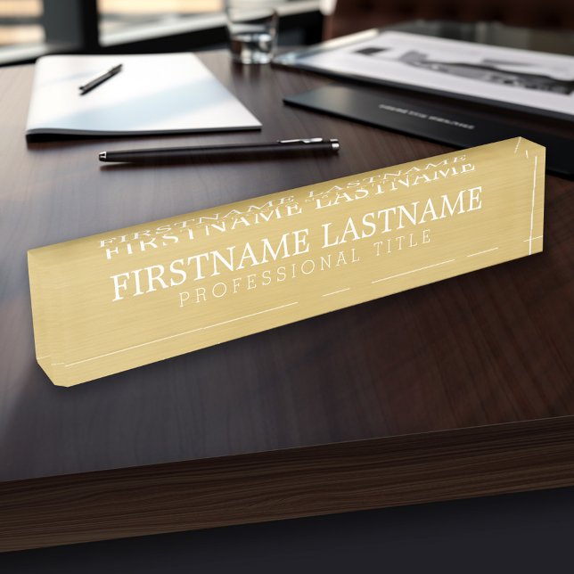 Porte-nom Or brossé - Nom de base et titre professionnel (Personalized Name Plate - Custom Executive Desk Plate with Name and Professional Title)