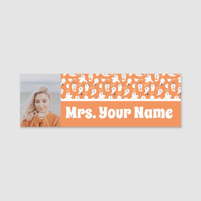 PORTE-NOM ORANGE ADORABLE ET GHOSES BLANCS (Devant)