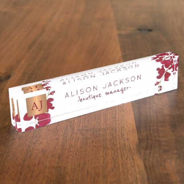 Porte-nom Orchidée d'aquarelle de Bourgogne cuivre monogramm (Taille)