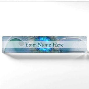 Porte-nom Ovations debout, fractale abstraite bleu turquoise