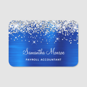 Porte-nom Paillettes argentées et feuille royale bleue