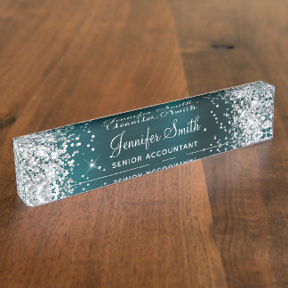 Porte-nom Paillettes Argentées Féminines Turquoise Foncé Feu