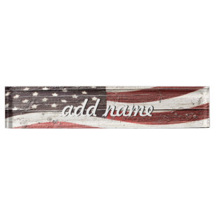 Porte-nom Painted American Flag on Rustic Wood Texture