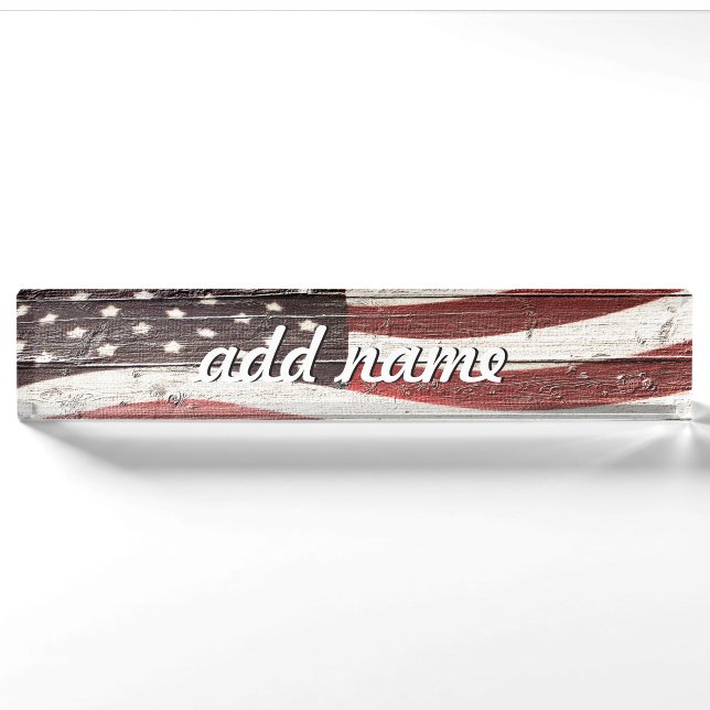 Porte-nom Painted American Flag on Rustic Wood Texture (Devant)