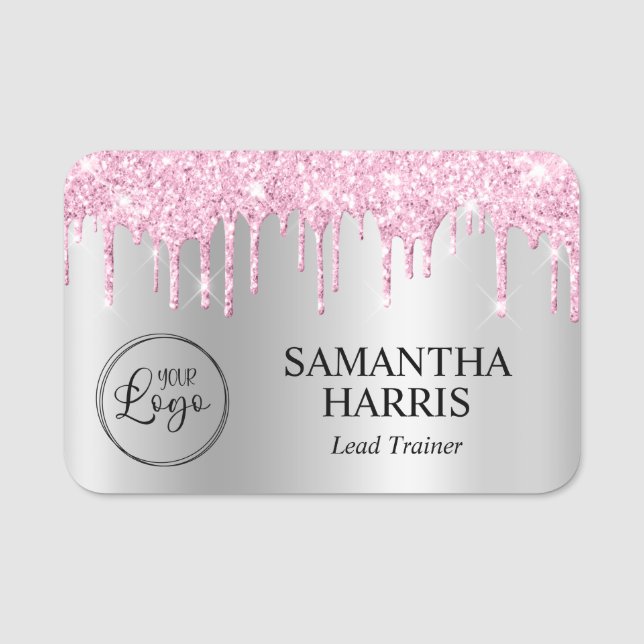 Porte-nom Pale Pink Glitter Drips Silver Shimmer (Devant)