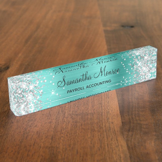 Porte-nom Parties scintillant argentée Turquoise (Taille)