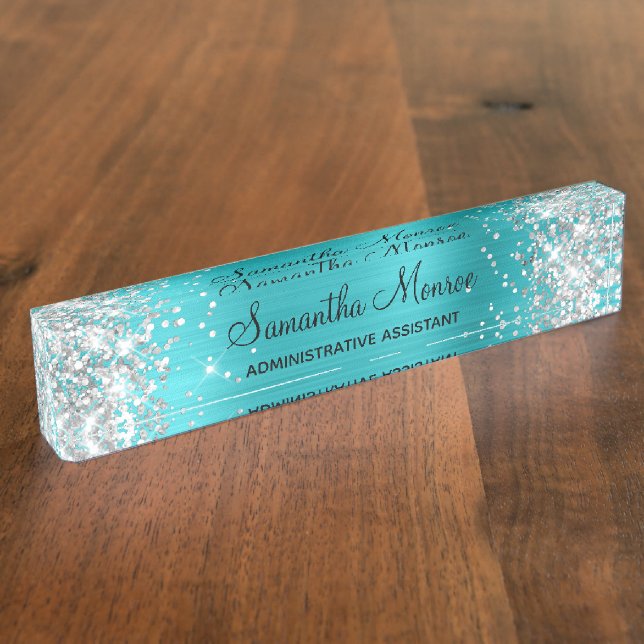 Porte-nom Parties scintillant argentée Turquoise Blue Foil (Taille)