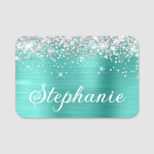 Porte-nom Parties scintillant d'argent et turquoise d'abord