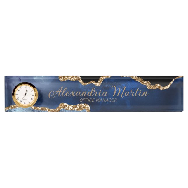 Porte-nom Parties scintillant d'or bleu marine moderne horlo (Devant)