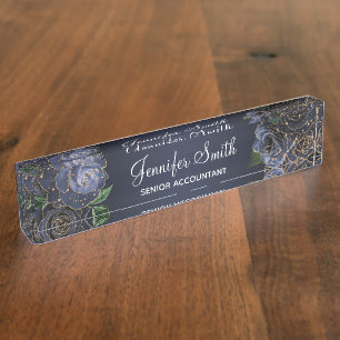 Porte-nom Parties scintillant d'or et Marine Blue Glam Roses