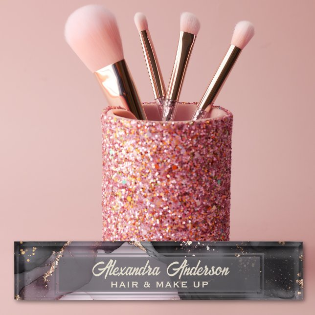 Porte-nom Parties scintillant en or rose noir marbre Abstrai (Pink Black Gold Glitter Agate Marble Abstract Desk Name Plate)