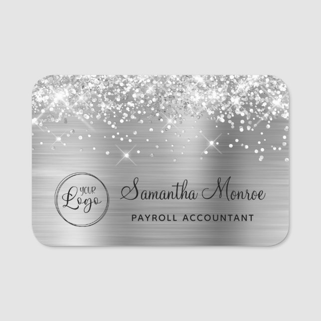 Porte-nom Parties scintillant et huile d'argent avec logo (Devant)