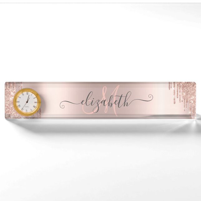 Porte-nom Parties scintillant modernes Rose Monogramme or  (Devant)