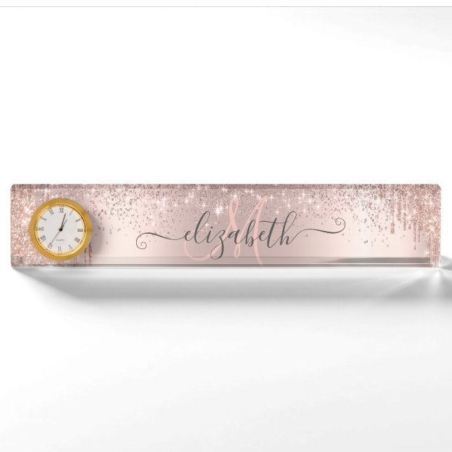 Porte-nom Parties scintillant modernes Rose or Dust Monogram (Devant)