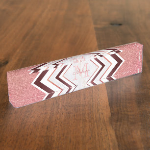 Porte-nom Parties scintillant or Rose moderne Chevron Monogr
