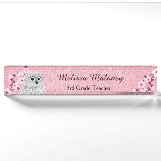 Porte-nom Parties scintillant Rose Chouette Et Fleurs De Cer (Devant)