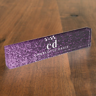 Porte-nom Parties scintillant violet monogramme initiales lu