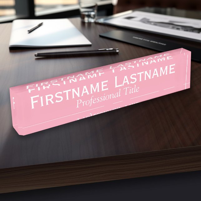 Porte-nom Pastel Pink - Nom complet et titre professionnel (Personalized Name Plate - Custom Logo Executive Desk Plate with Name and Professional Title)