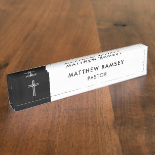 Porte-nom Pastor Croix minimaliste moderne Église noire et b