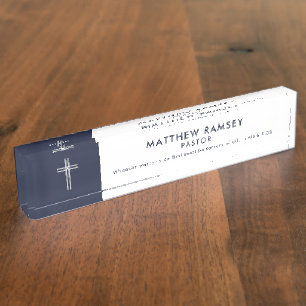 Porte-nom Pastor Modern Minimal Cross Scripture Marine