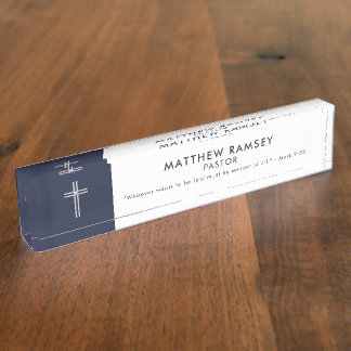 Porte-nom Pastor Modern Minimal Cross Scripture Marine
