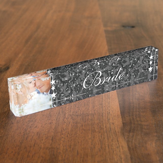 Porte-nom Photo Black Damask Bride Mariage Inséparable (Taille)