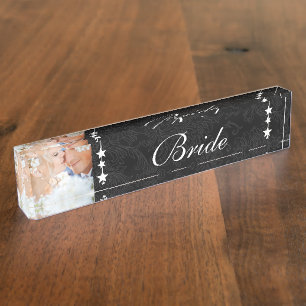 Porte-nom Photo Black Damask Bride Mariage Inséparable